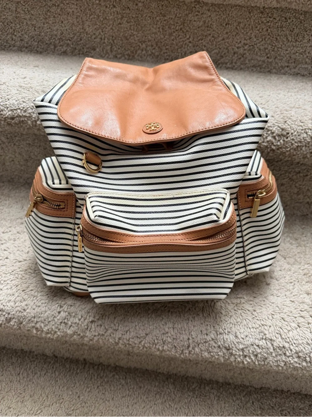 Striped Canvas Backpack with Tan Leather Trim